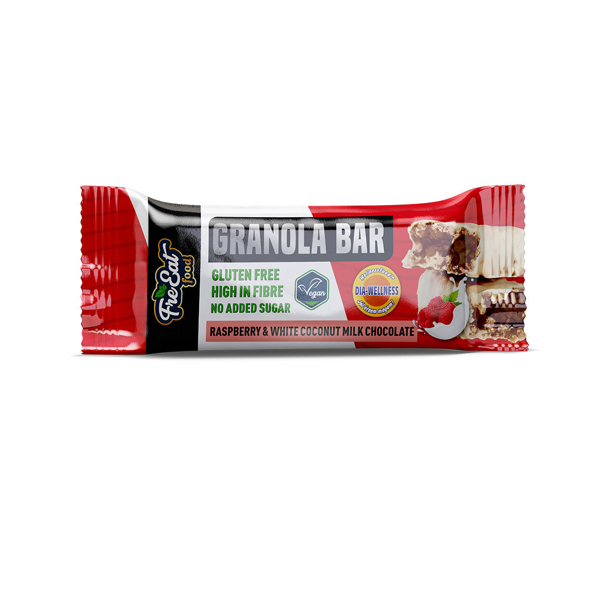 Málnás Granola Bar kókusztejes fehér csokoládéval mártva - 50g